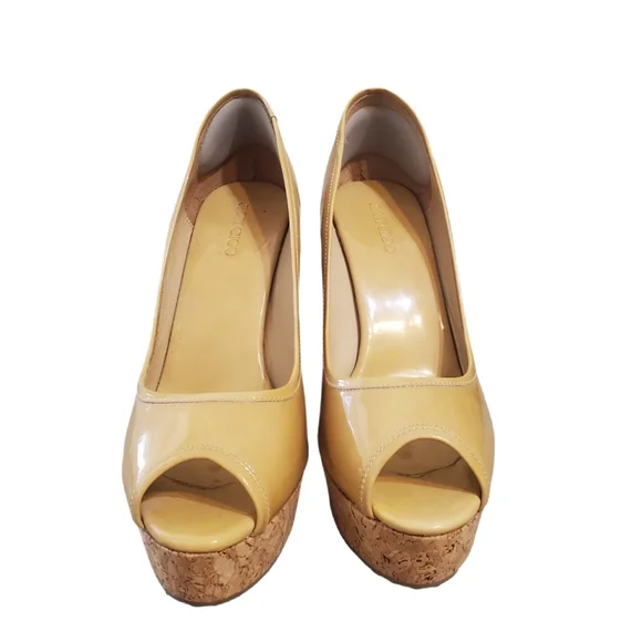 Jimmy Choo Papina Peep-Toe Beige Patent Leather Cork Platform Shoes Size 10 - Picture 2 of 6
